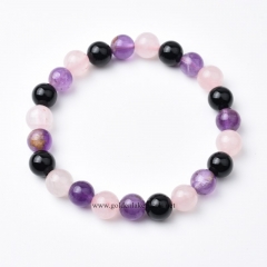 Black Agate+Amethyst+Rose Quartz Plain Rounds Stretch Bracelets, Approx 8mm, Sell by Piece