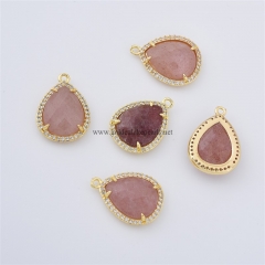 Ruby Strawberry Quartz Faceted Drop Shaped Charm Pendants, with Micro Pave CZ Gold Plated Base Metal Findings, Approx 14x20mm, Sell by Piece