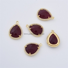Dyed Ruby Jade Faceted Drop Shaped Charm Pendants, with Micro Pave CZ Gold Plated Base Metal Findings, Approx 14x20mm, Sell by Piece