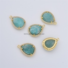 Amazonite Faceted Drop Shaped Charm Pendants, with Micro Pave CZ Gold Plated Base Metal Findings, Approx 14x20mm, Sell by Piece