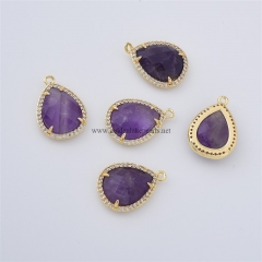 Amethyst Faceted Drop Shaped Charm Pendants, with Micro Pave CZ Gold Plated Base Metal Findings, Approx 14x20mm, Sell by Piece
