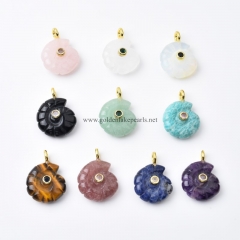 Gemstones Carved Conch Charm Pendants, with Golden Base Metal Pave Cubic Zirconia Findings, Approx 24.5-25mm, Sell by Piece