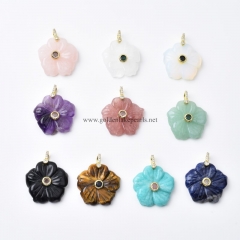 Gemstones Carved Flower Charm Pendants, with Golden Base Metal Pave Cubic Zirconia Findings, Approx 26mm, Sell by Piece