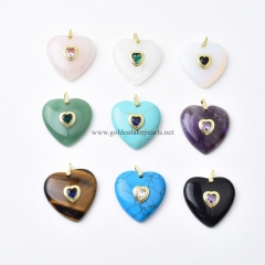Gemstones Plain Heart Charm Pendants, with Golden Base Metal Pave Cubic Zirconia Findings, Approx 29-30mm, Sell by Piece