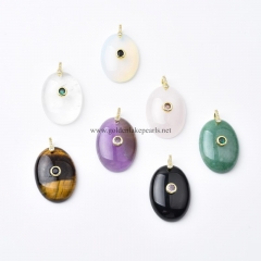 Gemstones Plain Oval Charm Pendants, with Golden Base Metal Pave Cubic Zirconia Findings, Approx 22x30mm, Sell by Piece