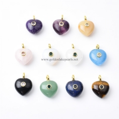 Gemstones Plain Heart Charm Pendants, with Golden Base Metal Pave Cubic Zirconia Findings, Approx 20mm, Sell by Piece