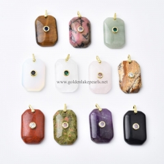 Gemstones Plain Rectangle Charm Pendants, with Golden Base Metal Pave Cubic Zirconia Findings, Approx 20x30mm, Sell by Piece