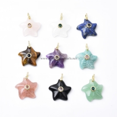 Gemstones Carved Starfish Charm Pendants, with Golden Base Metal Pave Cubic Zirconia Findings, Approx 25mm, Sell by Piece