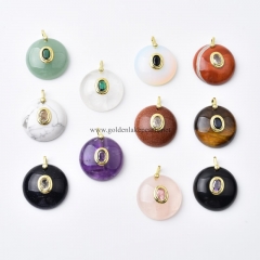Gemstones Flat Round Charm Pendants, with Golden Base Metal Pave Cubic Zirconia Findings, Approx 24.5-25mm, Sell by Piece