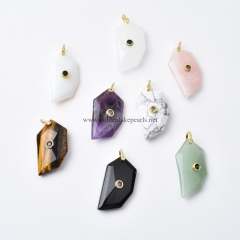 Gemstones Faceted Wolf Tooth Charm Pendants, with Golden Base Metal Pave Cubic Zirconia Findings, Approx 20-21.5x39-40mm, Sell by Piece