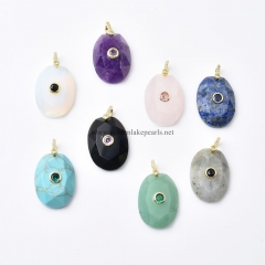 Gemstones Faceted Oval Charm Pendants, with Golden Base Metal Pave Cubic Zirconia Findings, Approx 18x25mm, Sell by Piece