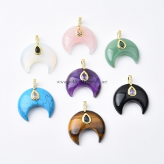Gemstones Carved Crescent Moon Charm Pendants, with Golden Base Metal Pave Cubic Zirconia Findings, Approx 34-35mm, Sell by Piece