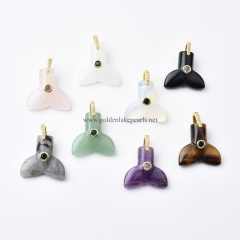 Gemstones Carved Fishtail Charm Pendants, with Golden Base Metal Pave Cubic Zirconia Findings, Approx 26-27.5x25-27mm, Sell by Piece