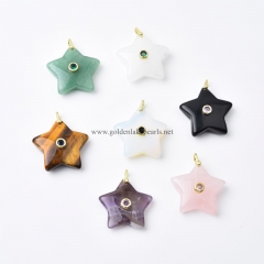 Gemstones Carved Star Charm Pendants, with Golden Base Metal Pave Cubic Zirconia Findings, Approx 30-31mm, Sell by Piece