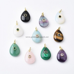 Gemstones Plain Drop Charm Pendants, with Golden Base Metal Pave Cubic Zirconia Findings, Approx 18x24-25mm, Sell by Piece