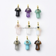 Gemstones Carved Mushroom Charm Pendants, with Golden Base Metal Pave Cubic Zirconia Findings, Approx 15x20mm, Sell by Piece