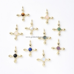 Gemstones Cross Charm Pendants, with Golden Base Metal Findings, Approx 32x39mm, Sell by Piece