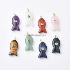 Gemstones Carved Fish Charm Pendants, with Golden Base Metal Pave Cubic Zirconia Findings, Approx 15x30-32mm, Sell by Piece