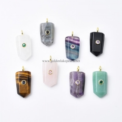 Gemstones Carved Shield Charm Pendants, with Golden Base Metal Pave Cubic Zirconia Findings, Approx 18x30mm, Sell by Piece
