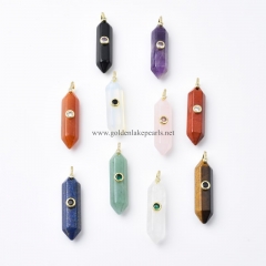 Gemstones Double Terminal Faceted Bullet Charm Pendants, with Golden Base Metal Pave Cubic Zirconia Findings, Approx 10x40mm, Sell by Piece