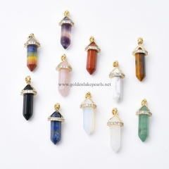 Gemstones Double Terminal Faceted Bullet Charm Pendants, with Golden Base Metal Pave Cubic Zirconia Findings, Approx 8x30-32mm, Sell by Piece