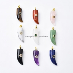 Gemstones Carved Horn of Plenty Charm Pendants, with Golden Base Metal Pave Cubic Zirconia Findings, Approx 12x30mm, Sell by Piece
