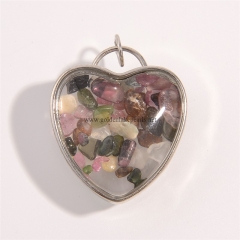 Multicolor Tourmaline Chips Silver Plated Heart Pendants, Approx 31x32mm, Sell by Piece