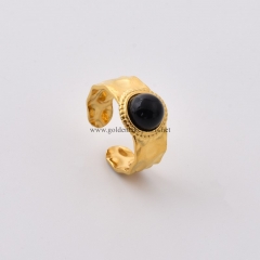 Black Agate Gold Plated Stainless Steel Open Finger Rings, Stone Approx 8mm, Sell by Piece