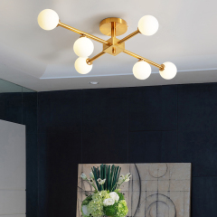 Mid Century Modern 6/10 Light Brass Semi Flush Mount Ceiling Light with Opal Globes