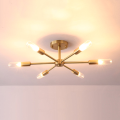 Dimmable 8 Light Frosted Glass Industrial Sputnik Semi Flush Mount Ceiling Lamp in Brass