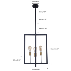 Induatrial Style 4 Light Square Metal Chandelier Exposed Bulb Lighting for Kitchen Island and Dining Room