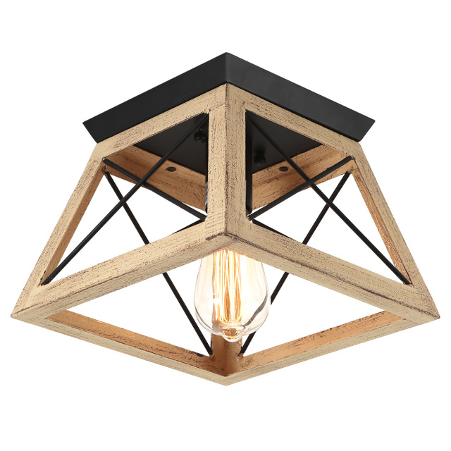 Rustic Country One-Light Wood-Like Caged Flush Mount Chandelier for Living Room Bedroom