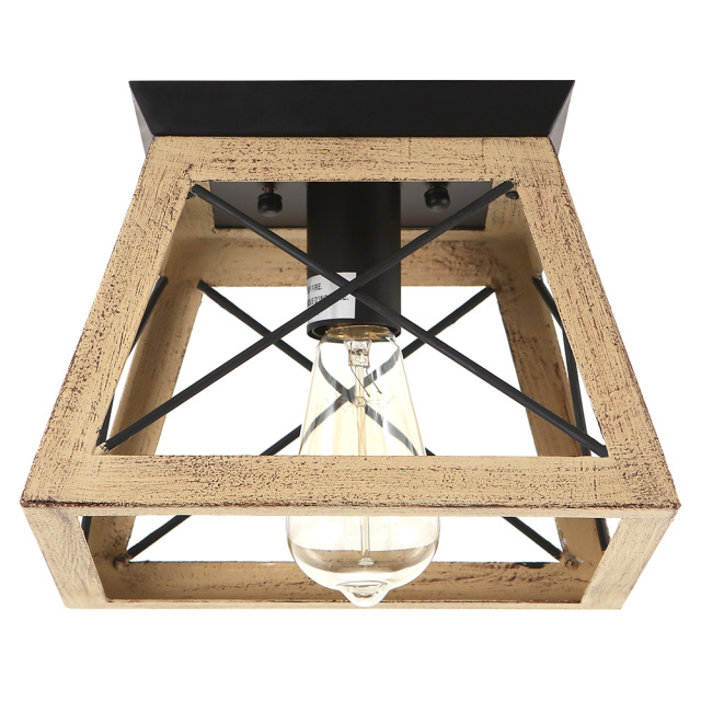 Rustic Country One-Light Wood-Like Caged Flush Mount Chandelier for Living Room Bedroom