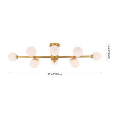 Mid Century Modern 6/10 Light Brass Semi Flush Mount Ceiling Light with Opal Globes