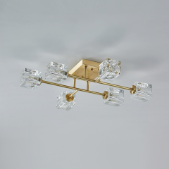 Mid-century Square Crystal Shade Sputnik Brass Flush Mount Ceiling Light