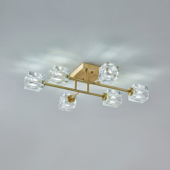 Mid-century Square Crystal Shade Sputnik Brass Flush Mount Ceiling Light