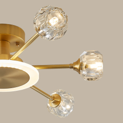 6-Light Contemporary Sputnik Flush Mount Ceiling Light with Round Crystal Shade in Brass