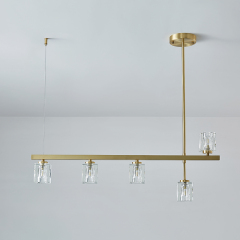 Mid-Century Modern 5-Light Linear Ceiling Light with Square Crystal Shade in Brass