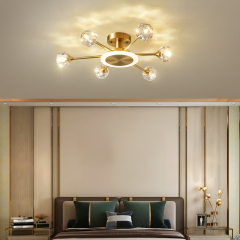 6-Light Contemporary Sputnik Flush Mount Ceiling Light with Round Crystal Shade in Brass