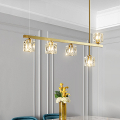 Mid-Century Modern 5-Light Linear Ceiling Light with Square Crystal Shade in Brass