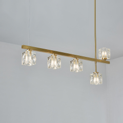 Mid-Century Modern 5-Light Linear Ceiling Light with Square Crystal Shade in Brass