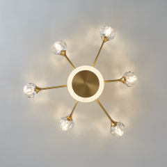 6-Light Contemporary Sputnik Flush Mount Ceiling Light with Round Crystal Shade in Brass