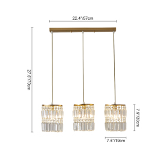 Modern 3-Light Rectangle Canopy Pendant Lighting Multi-Light with Clear Crystal Cylinder Shade for Kitchen Island Counter Bar Dining Table