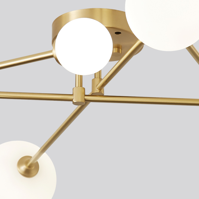 Modern Mid-century Cross Type Brass Sputnik Opal Globes 6 Light Flush Mount Ceiling Light for Living / Dining Room Bedroom