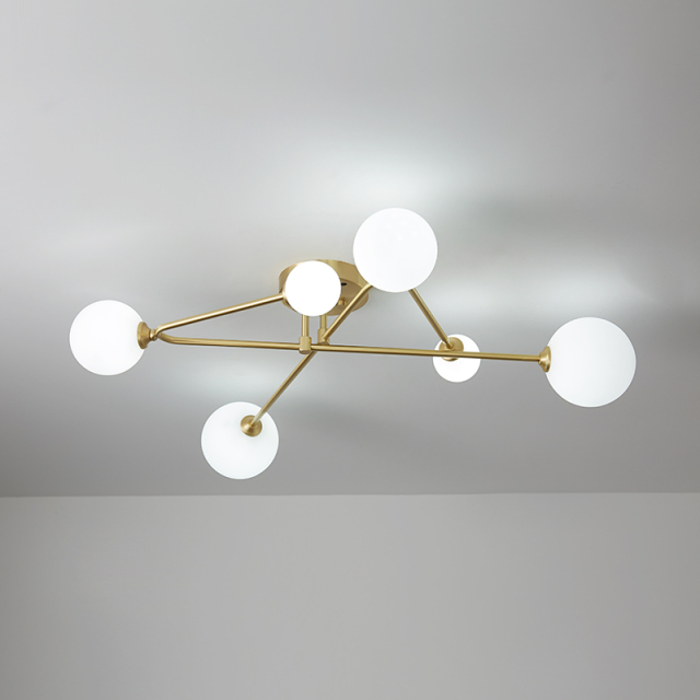 Modern Mid-century Cross Type Brass Sputnik Opal Globes 6 Light Flush Mount Ceiling Light for Living Room Dining Table