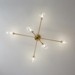 Modern 6 Light Sputnik Open Glass Shade Flush Mount Ceiling Light in Brass