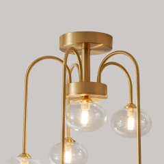 Modern Swirl Brass 6 Light Flush Mount Ceiling Light with Clear Glass Shade Up and Down