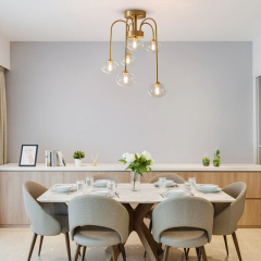Modern Swirl Brass 6 Light Flush Mount Ceiling Light with Clear Glass Shade Up and Down