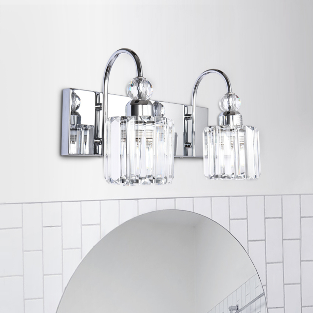 Modern Glam 13.4'' Wide 2 Light Crystal Wall Sconce Bathroom Vanity Light in Chrome/ Black+Brass Finish for Bedroom Bathroom