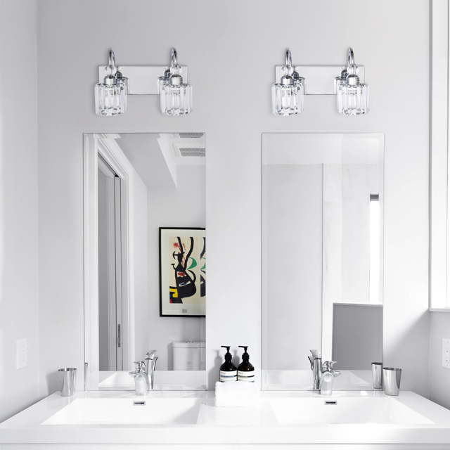 Modern Glam 13.4'' Wide 2 Light Crystal Wall Sconce Bathroom Vanity Light in Chrome/ Black+Brass Finish for Bedroom Bathroom
